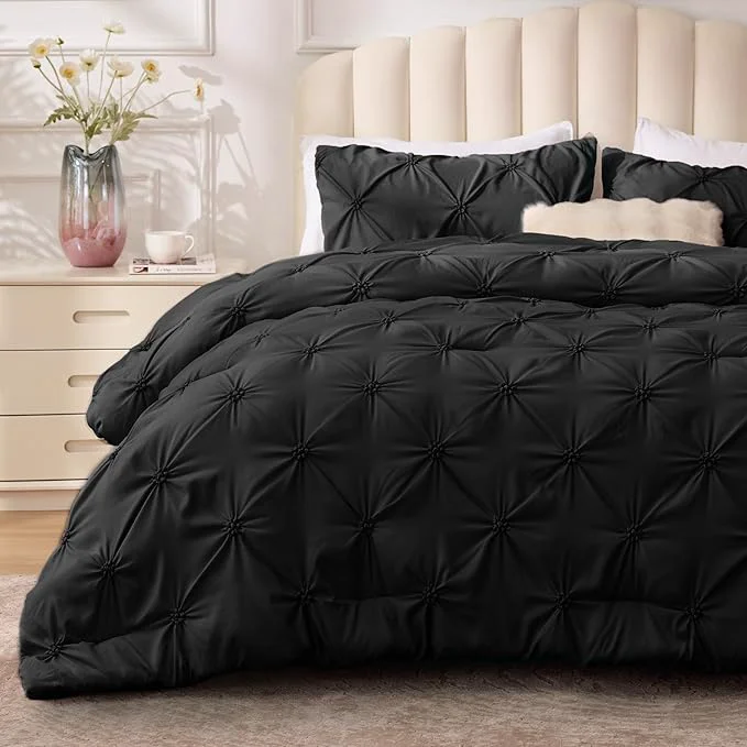 Verified BEDELITE Black King Size Comforter Set - 3 Pieces Boho Pintuck Bedding Comforter Sets Lightweight Soft amp Warm King Bedding Set with 2 Pillowcases for All Season First-Class