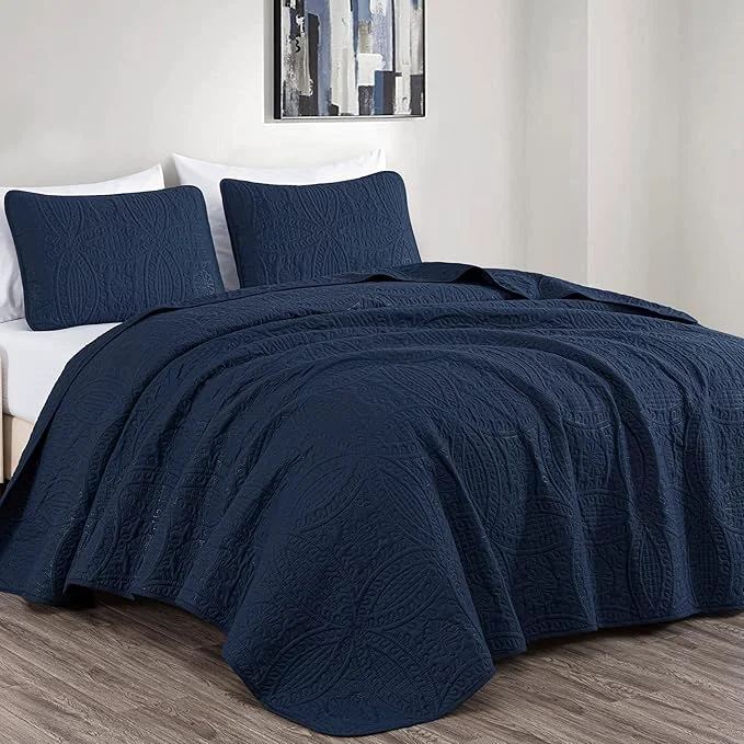 Comfortable Chezmoi Collection Austin 3-piece Oversized Bedspread Coverlet Set Queen Navy Oversized Lightweight Fade Resistant Relaxed