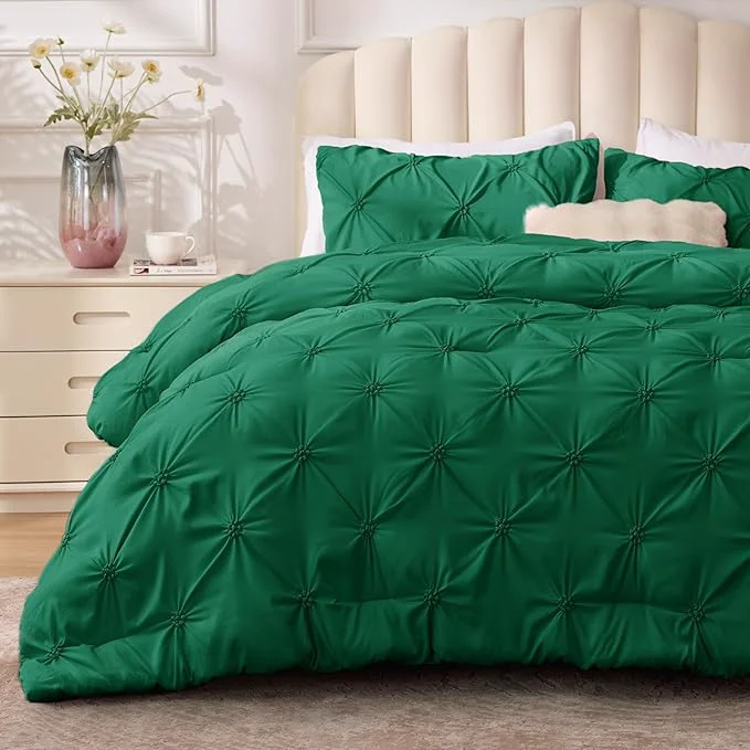 BEDELITE Forest Green King Size Comforter Set - 3 Pieces Boho Pintuck Bedding Comforter Sets Lightweight Soft amp Warm King Bedding Set with 2 Pillowcases for All Season Eco-Friendly