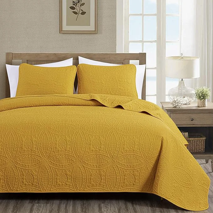 Superior Chezmoi Collection Austin King Bedspread Set 3-Piece Pinsonic Quilted Oversized Bedspread Coverlet Set King Mustard Oversized Lightweight Fade Resistant High-Grade