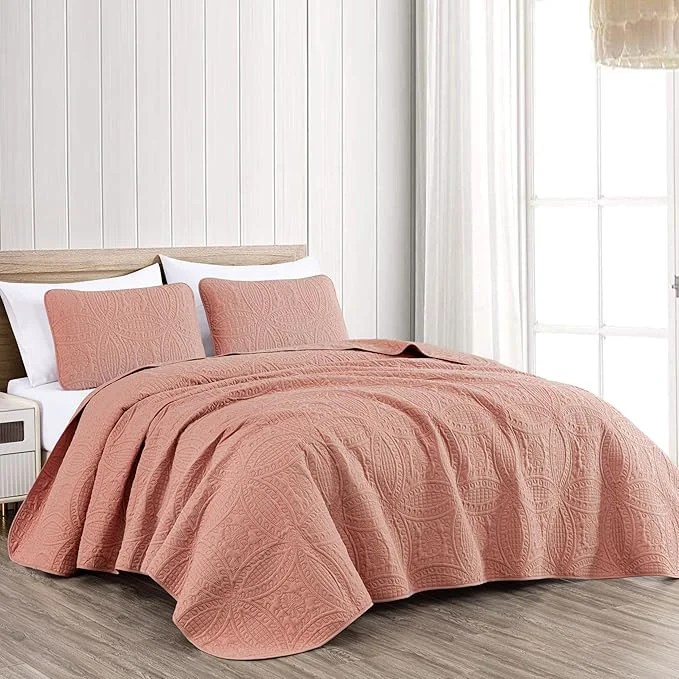 High-Performance Chezmoi Collection Austin 3-piece Oversized Bedspread Coverlet Set King Salmon Oversized Lightweight Fade Resistant Solid