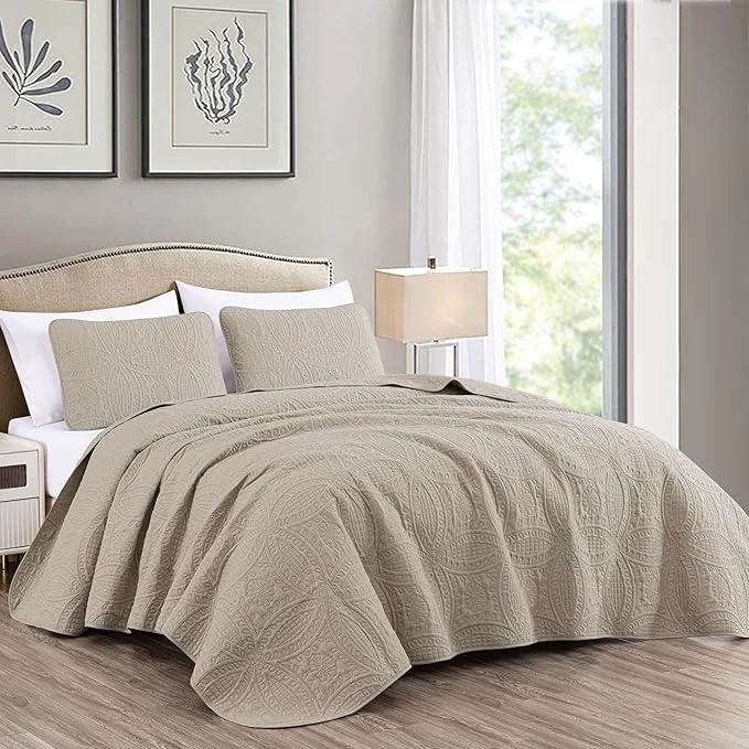 Environmentally Friendly Chezmoi Collection Austin 3-piece Oversized Bedspread Coverlet Set King Khaki Oversized Lightweight Fade Resistant User-Friendly