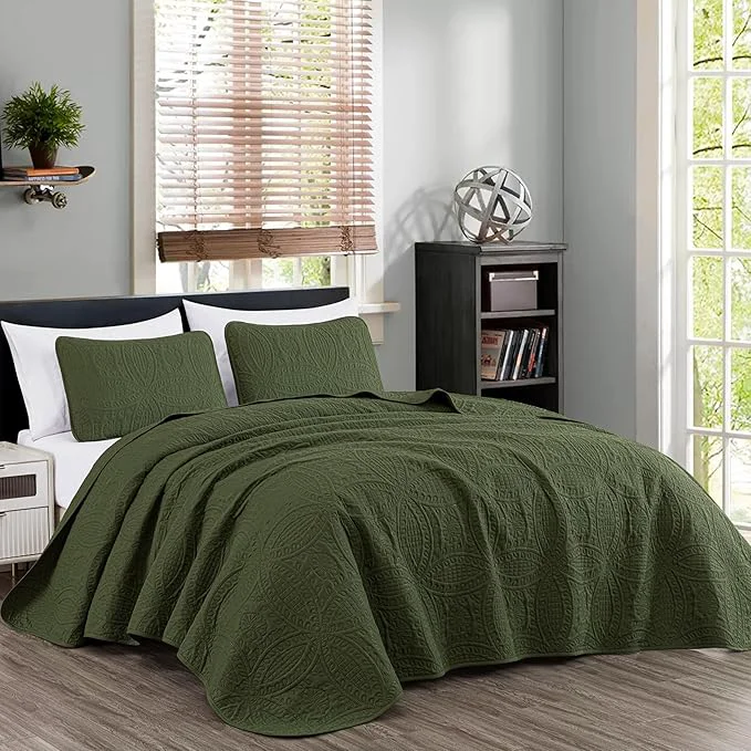High-End Chezmoi Collection Austin 3-Piece Oversized Bedspread Coverlet Set Queen Cypress Green Pack of 6 Innovative