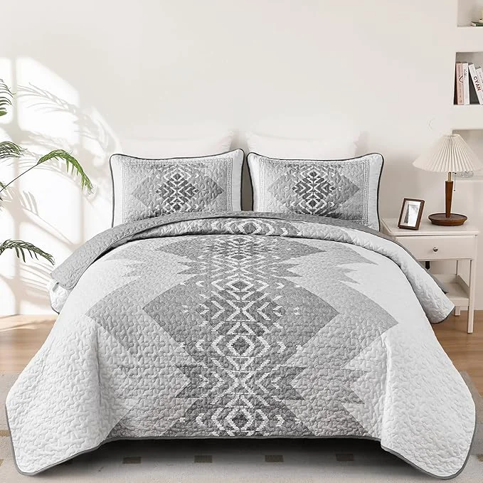 Enhanced Boho Quilt Set King Size 3 Pieces Grey Aztec King Quilt Set Bohemian Bedspread Coverlet Set Soft Microfiber Lightweight Bedding Set with 2 pillowcases Gray Quilt Set for All Season 90 quot x103 quot Long-Lasting