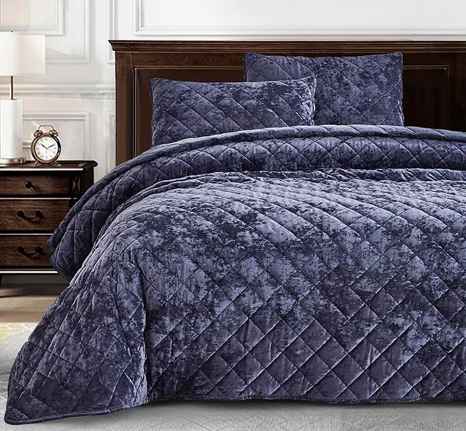 Healthy Chezmoi Collection Lux Purple Velvet Quilt Queen Set 3-Piece Plush Distressed Velvet Bedding All Season Lightweight Comforter Brushed Microfiber Reverse with Diamond Stitch Quilting Reusable