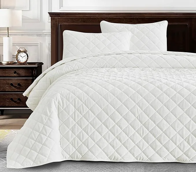 Official Chezmoi Collection Lux Cream White Velvet Quilt Queen Set 3-Piece Plush Distressed Velvet Bedding All Season Lightweight Comforter Brushed Microfiber Reverse with Diamond Stitch Quilting Fashionable