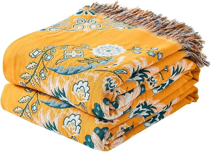 Trendy Boho Throw Blanket Cotton Ultra Soft Luxury Throw Rustic Quilt Floral Printed Farmhouse Decor Bed Summer Blankets All Season Rustic Reversible Bohemian Throw for Bed 60 quot x80 quot Yellow Practical
