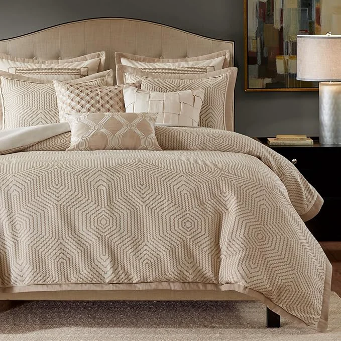 Specialty Madison Park Signature Queen Luxury Jacquard Comforter Set Removable Duvet Cover with Insert Oversized Overfilled Bedding Hand-Guided Embroidered Texture Accents Geometric Ivory 8-Piece Relaxed