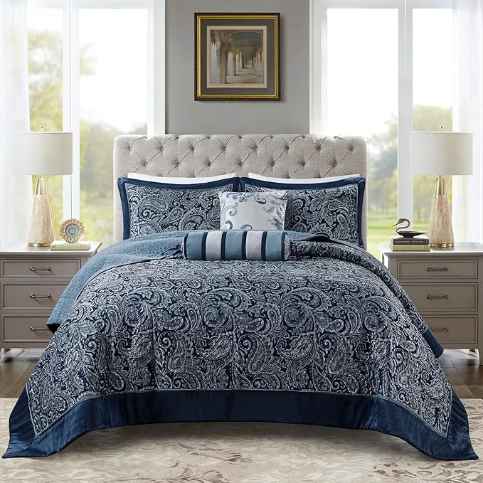 Prestigious Madison Park Aubrey Reversible Quilted Bedspread Set Solid Reverse Summer Breathable Lightweight All Season Bedding Layer Matching Shams Bedspread King 120 quot x118 quot Navy 5 Piece Consistent