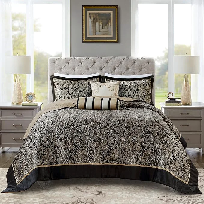 Sustainable Madison Park Aubrey Reversible Quilted Bedspread Set Solid Reverse Summer Breathable Lightweight All Season Bedding Layer Matching Shams Bedspread King 120 quot x118 quot Black 5 Piece