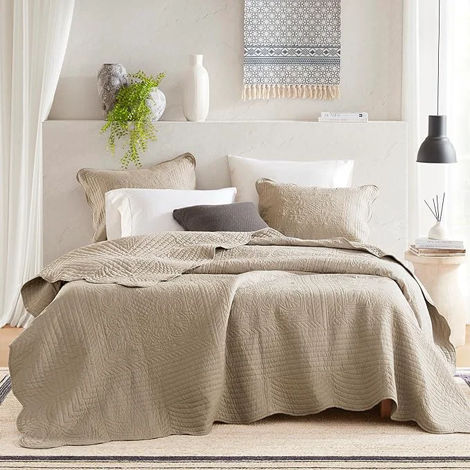 Practical Madison Park King Quilt Set - Damask Coverlet Set for King Size Bed Cottage Oversized Quilt Set Scallop Edge All Season Pre-washed Cotton-Filled Quilt Tuscany Khaki 3 Piece Original Design
