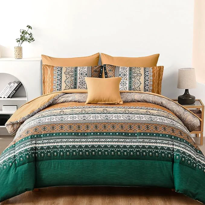 Fine Crafted Cottolester Boho Comforter Set Queen Size 8 Pieces Brown and Green Bohemian Striped Bed in a Bag Paisley Soft Microfiber Bedding Comforter Set Pure