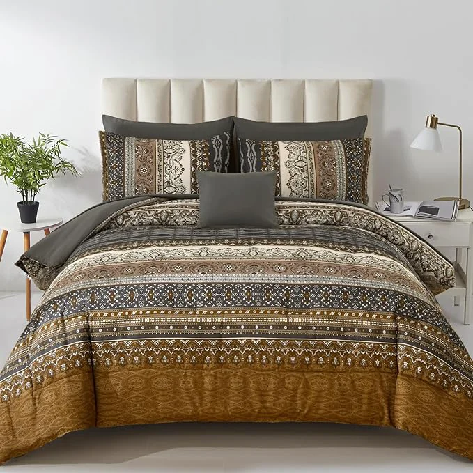 Consistent Cottolester Boho Queen Comforter Set 8 Pieces Brown Black Bohemian Comforter Paisley Striped Bed in A Bag Soft Microfiber Bedding Set for All Season Comfortable