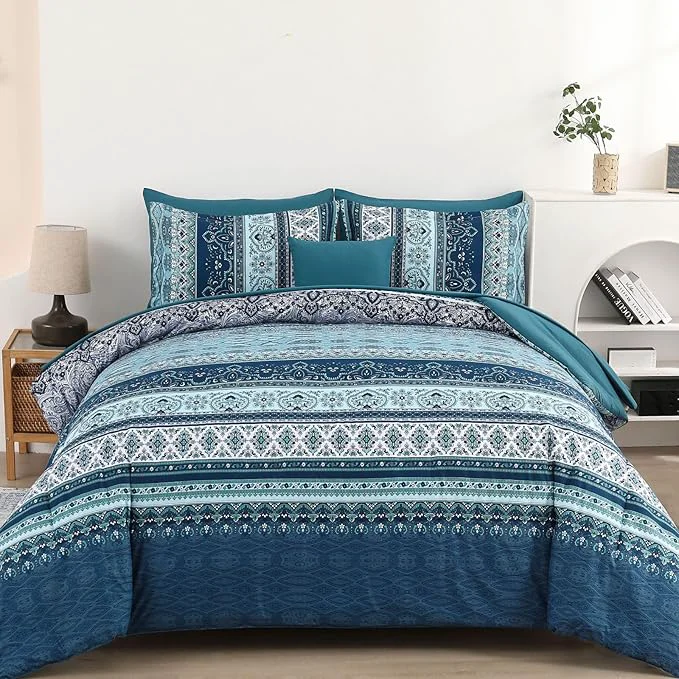 Eco-Friendly Cottolester Boho Full Size Comforter Set 8 Pieces Teal Blue Comforter Bohemian Striped Bed in A Bag Soft Microfiber Bedding Set for All Seasons Breathable