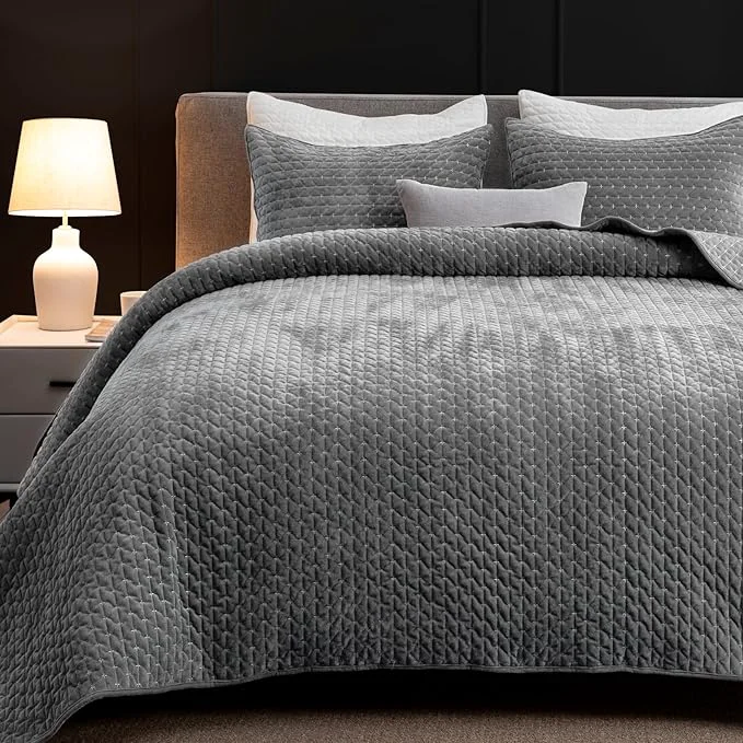 Effective Powdion Velvet Quilt Queen Size Oversized Bedspread Quilted Bedding Set Luxurious Coverlet Set Lightweight Velvet Comforter for All Season with Pillow Shams Charcoal Gray Striped Queen 90x96 Exceptional