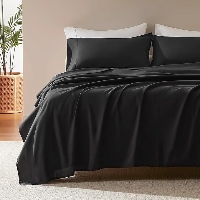 High-Quality SLEEP ZONE Nanotex Super Soft Cooling Queen Bed Sheets Set 4 Piece - Easy Care Fitted Flat Sheet amp Pillowcase Sets - Wrinkle Fade Resistant Deep Pocket 16 quot Black Queen Clean