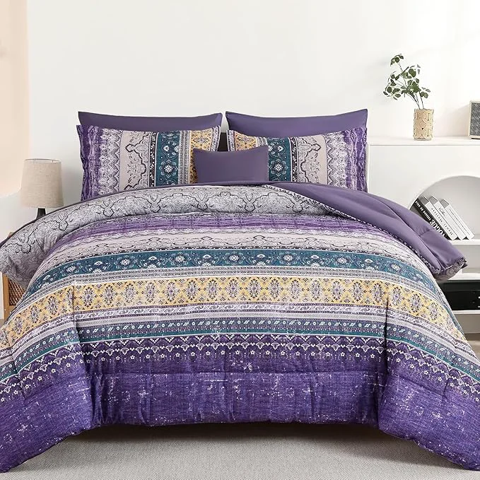 Functional Cottolester Boho Comforter Set California King Size 8 Pieces Violet Bohemian Striped Bed in a Bag Paisley Soft Microfiber Bedding Comforter Set Top-Quality