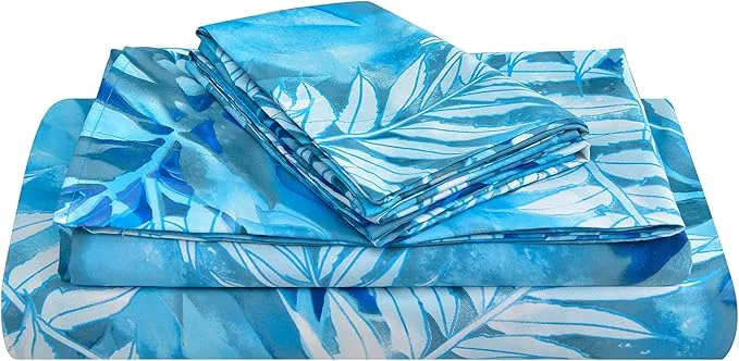 High-Quality JSD Blue Tropical Leaves Print Sheet Set Queen 4 Piece Soft Pattern Microfiber Bed Sheets Extra Deep Pocket Genuine