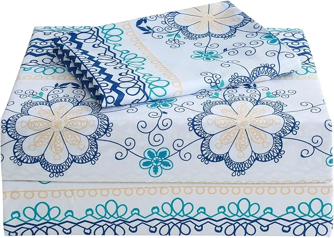Refined JSD Blue Boho Printed Sheet Set Twin Size 3 Piece Soft Floral Microfiber Sheets Extra Deep Pocket Wrinkle Natural
