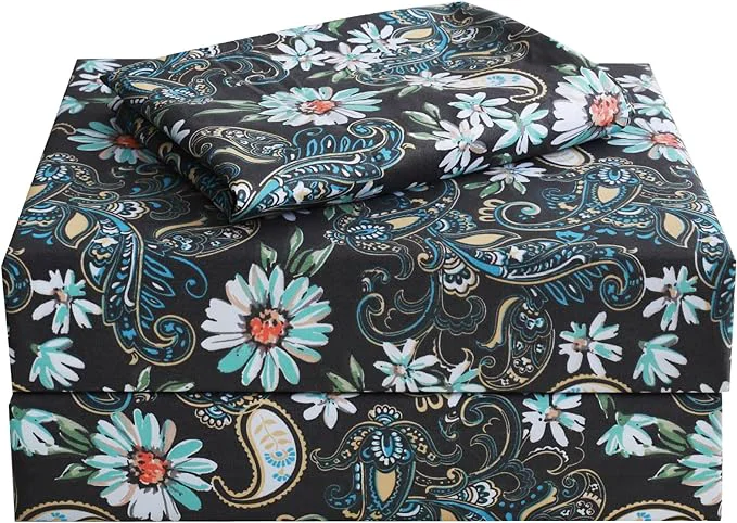 Fine JSD Black Paisley Floral Printed Sheet Set Twin Size 3 Piece Soft Pattern Microfiber Sheets Extra Deep Pocket Green
