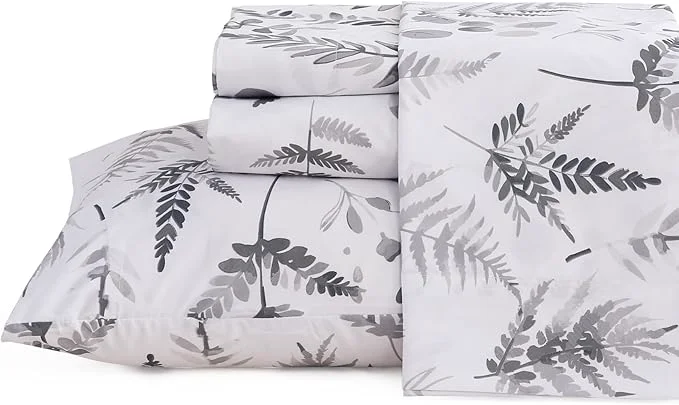 Reusable JSD Boho Floral Sheet Set Full Size 4 Piece Grey Herbs Ferns Printed Microfiber Bed Sheets Deep Pocket Elite
