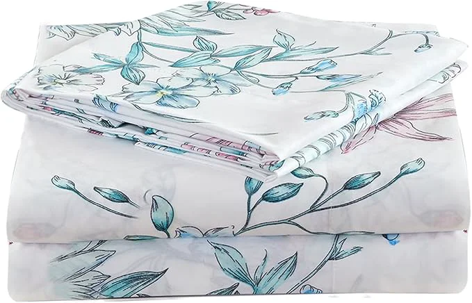 Modern JSD White Blue Floral Printed Sheet Set Full Size 4 Piece Botanical Microfiber Sheets Extra Deep Pocket Official