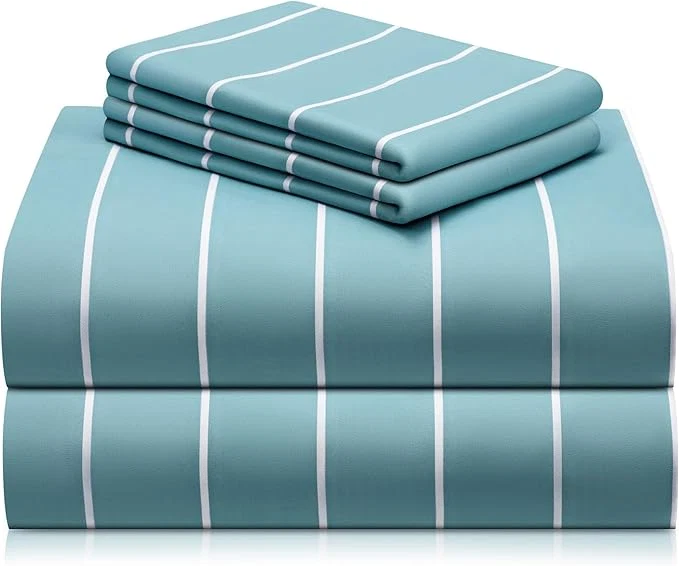 Authentic LuxClub 4 PC Cal King Size Sheet Set Breathable Luxury Bed Sheets Deep Pockets 18 quot Wrinkle Cooling Machine Washable Hotel Bedding Striped Light Blue Fine Crafted