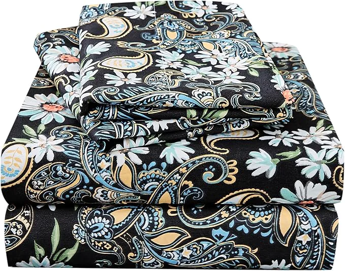 Healthy JSD Black Paisley Floral Printed Sheet Set King Size 4 Piece Soft Pattern Microfiber Sheets Extra Deep Pocket Official