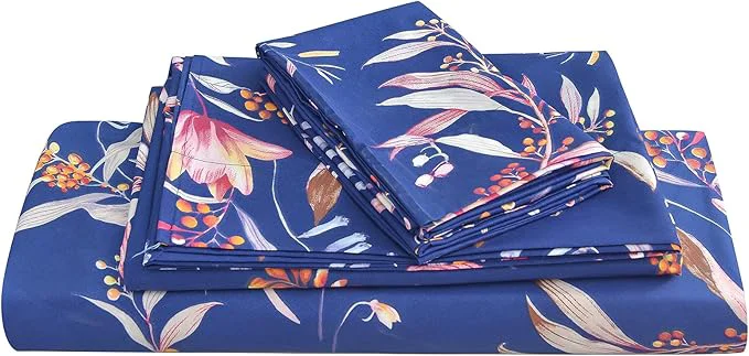 Certified JSD Navy Floral Sheet Set Full Size 4 Piece Printed Microfiber Sheets Extra Deep Pocket Wrinkle Pure