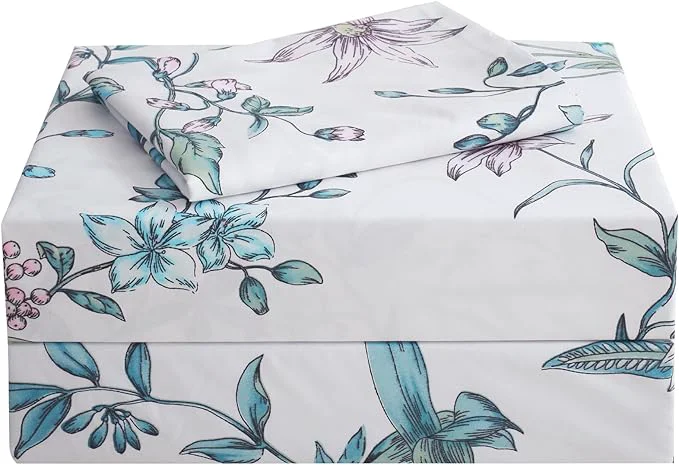 Safe JSD White Blue Floral Printed Sheet Set Twin Size 3 Piece Botanical Microfiber Sheets Extra Deep Pocket Unique