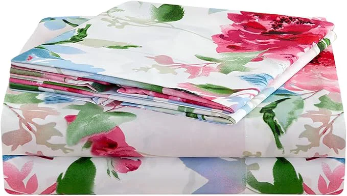 Practical JSD Watercolor Rose Floral Sheet Set Full Size 4 Piece Soft Printed Microfiber Sheets Extra Deep Pocket Classic
