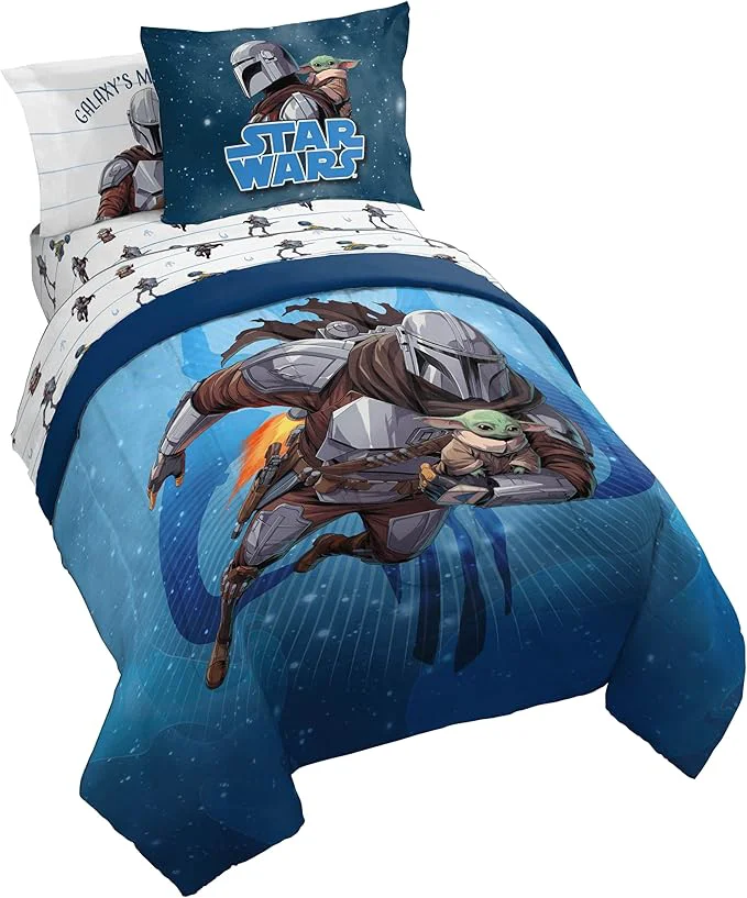 Exclusive Jay Franco Kids Comforter Set Includes Sheets and Pillow Covers - Soft and Cozy Bed Set for Stylish Room Decor Licensed Bedding Blue - The Mandalorian 5 Piece Twin Smart