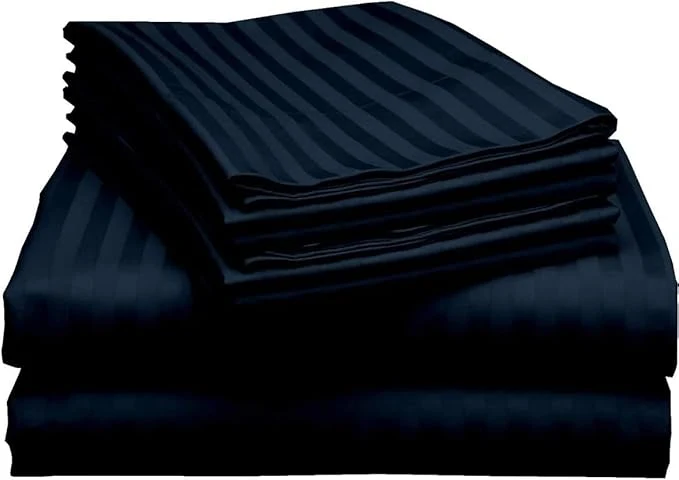 Top-Quality Mattress-Homes Premium Collection 7 PC Split Sheet Set Egyptian Cotton Crisp Fits Mattress Up to 18 quot DEEP Pocket King Size Machine Wash Extra-Soft Breathable Sheets in Navy Blue Stripe Trendy