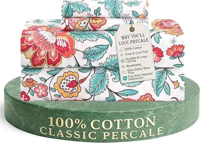 Feather amp Stitch Softest Cotton Sheets 300 Thread Count Percale Weave Bedding 16 quot Deep Pocket Cooling Sheets Breathable Bed Set Hotel Premium Quality Full Vintage Garden Easy-to-Use