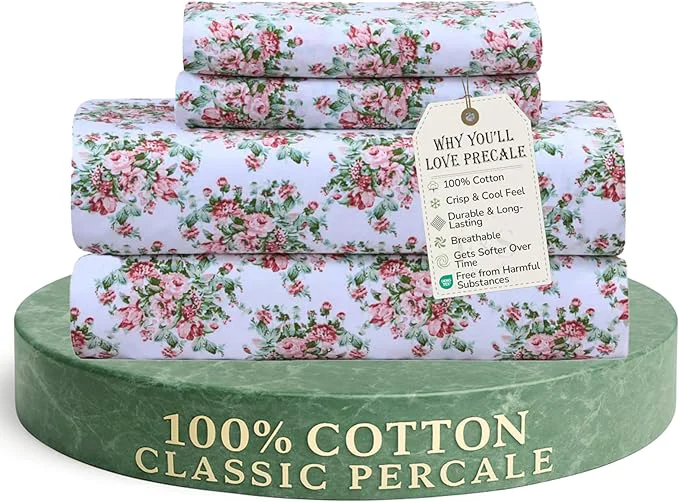 Fine Crafted Feather amp Stitch Softest Cotton Sheets 300 Thread Count Percale Weave Bedding 16 quot Deep Pocket Cooling Sheets Breathable Bed Set Hotel Premium Quality Twin Floral Enhanced