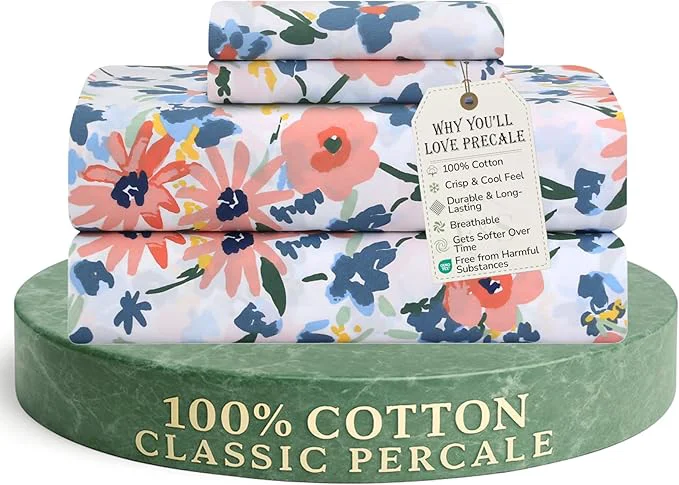 Efficient Feather amp Stitch Softest Cotton Sheets 300 Thread Count Percale Weave Bedding 16 quot Deep Pocket Cooling Sheets Breathable Bed Set Hotel Premium Quality Queen Daisy Delight Certified