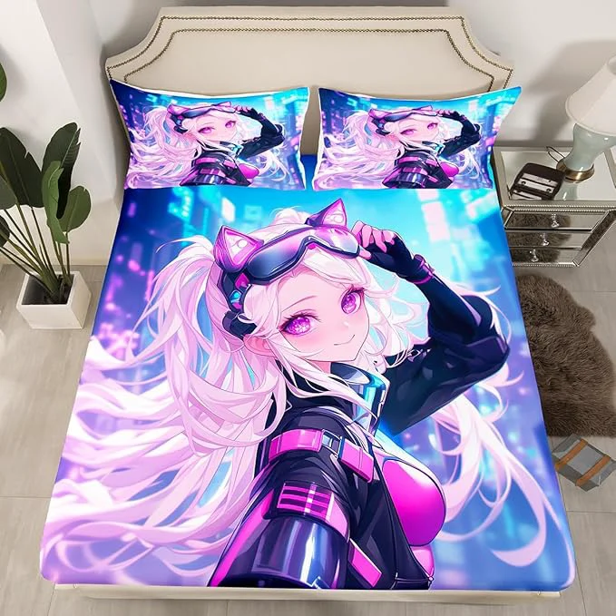 Carefully Designed Erosebridal Girls Japanese Anime Fitted Sheet Full Kawaii Anime Girl Bed Sheets Cartoon Girl Bedding Set for Kids Teens Adult Women Japanese Animation Sci Fi Style Sheets Blue Purple Refined
