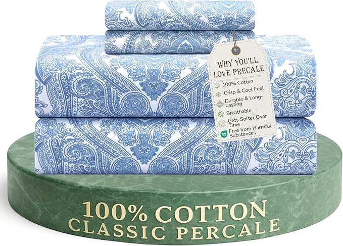 Classic Feather amp Stitch Softest Cotton Sheets 300 Thread Count Percale Weave Bedding 16 quot Deep Pocket Cooling Sheets Breathable Bed Set Hotel Premium Quality Full Blue Paisley Long-Lasting