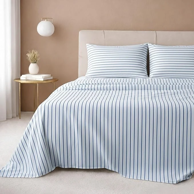 Safe California Design Den Printed Striped Twin XL Sheets Set - 600 Thread Count Cotton Sateen Premium Deep Pocket Extra Long Twin Sheets - Classic Blue Stripe Print Convenient
