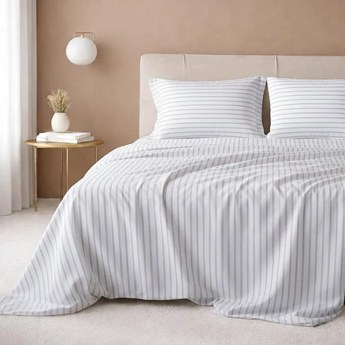 Professional California Design Den California King Sheet Set - Cotton 600 Thread Count Deep Pocket Soft Sateen Premium Cal King Sheet Set - Ticking Stripe Pattern Durable