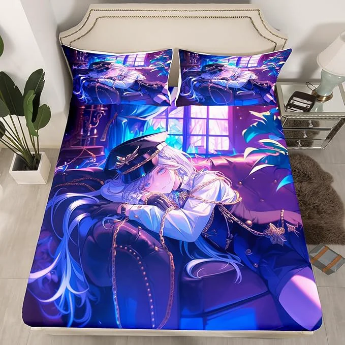 Refined Erosebridal Anime Girl Fitted Sheet Twin Size Japanese Anime Bed Sheets for Kids Boys Teens Women Bedroom Decor Cartoon Girl Bedding Set Japanese Animation Kawaii Sheets Purple Safe