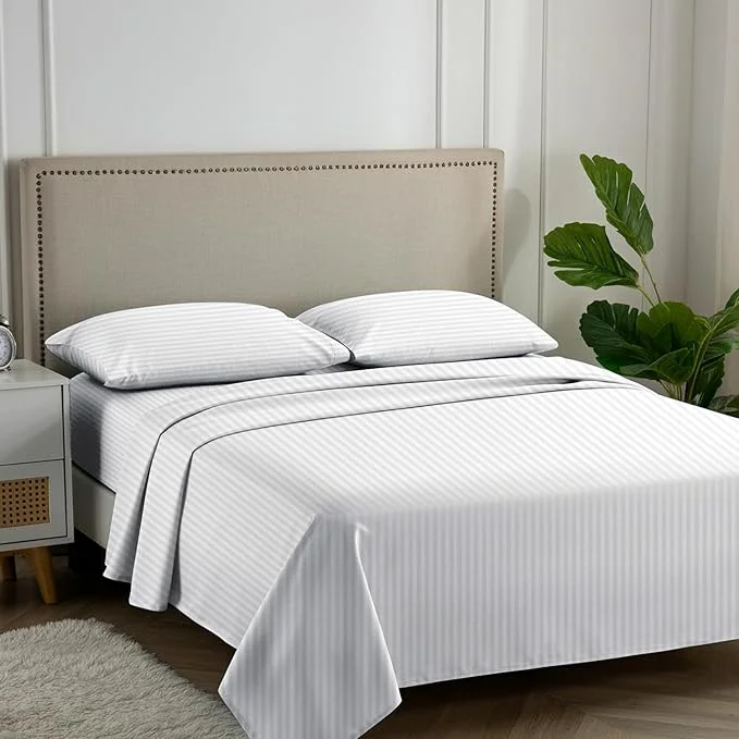 Enhanced Carressa Linen Luxury Egyptian Cotton King Stripe Sheet Set - 600 Thread Count Extra Long Staple 4 PC Set Crisp White King Damask Sheets Soft Cooling Sateen Weave Sheets Upto 18 in Deep Pocket Responsible