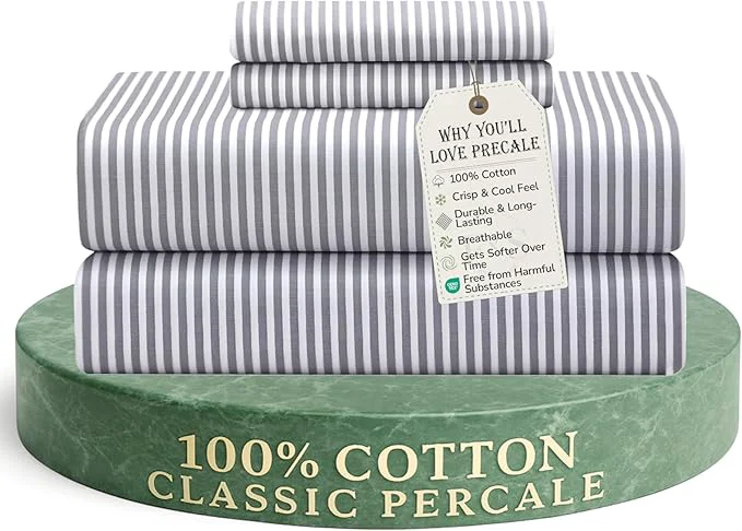 High-Quality Feather amp Stitch Softest Cotton Sheets 300 Thread Count Percale Weave Bedding 16 quot Deep Pocket Cooling Sheets Breathable Bed Set Hotel Premium Quality Queen Grey Stripe Excellent