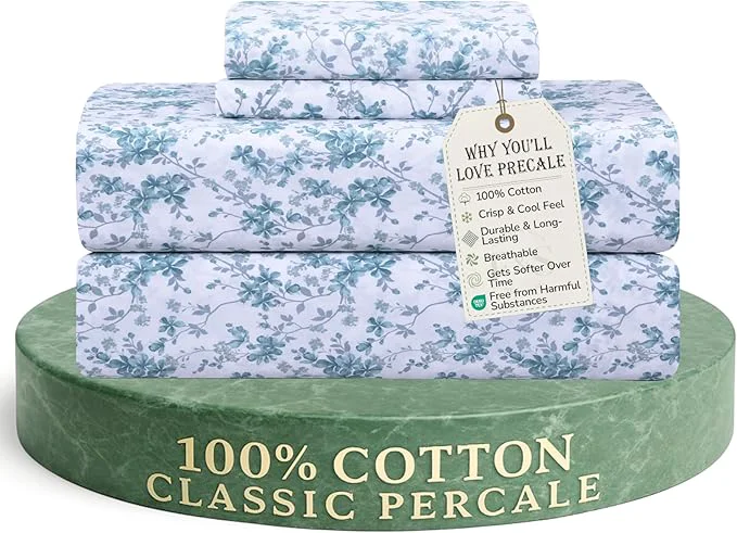 Consistent Feather amp Stitch Softest Cotton Sheets 300 Thread Count Percale Weave Bedding 16 quot Deep Pocket Cooling Sheets Breathable Bed Set Hotel Premium Quality Full Blue Floral Relaxed