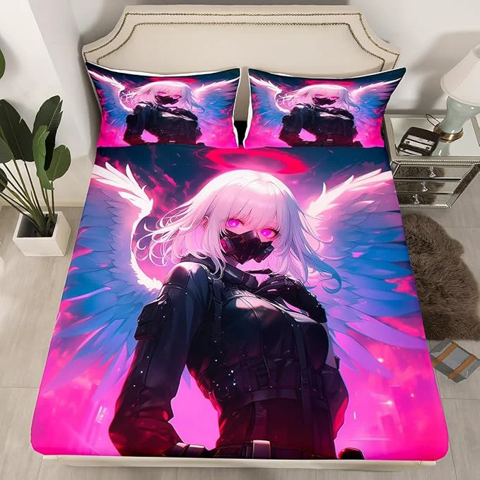 Elegant Erosebridal Queen Japanese Anime Bedding Set Anime Girl Fitted Sheet for Kids Girls Teens Men Bedroom Cartoon Girl Bed Sheets Kawaii Japanese Animation Sheets 3 Piece with 2 Pillow Cases Recyclable
