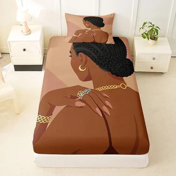 Next-Generation Erosebridal Fashion Black Woman Bedding Set Twin Size 2 Piece Romantic Makeup Themed Girls Bed Sheets Fashionable Gorgeous Fitted Sheet Vogue Afro Girls Sheets for Kids Teens Adult Bedroom Pure