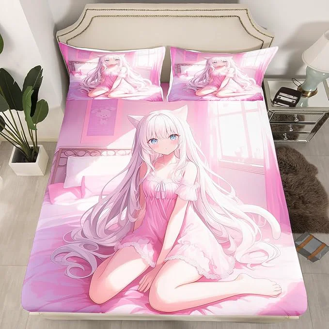 Luxury Erosebridal Twin Size Japanese Anime Fitted Sheet for Kids Anime Girl Bedding Set Kawaii Japanese Style Bed Sheets Cartoon Japan Animation Bed Set for Boys Teen Adult Women Bedroom Pink Long-Lasting