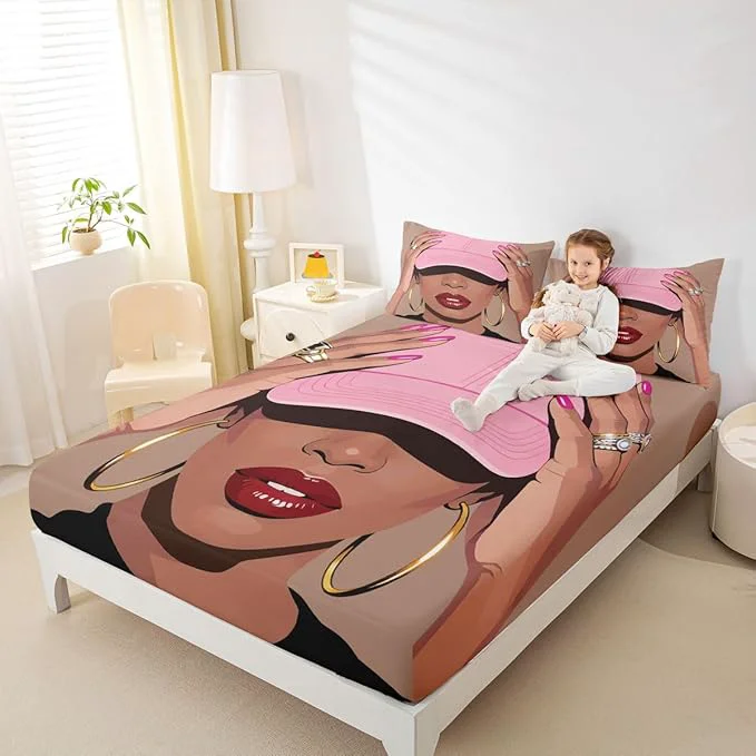 Environmentally Friendly Erosebridal Black Girls Queen Size Bed Sheets Fashion Black Woman Fitted Sheet for Girls Kids Vogue Fashionable Gorgeous Bedding Set for Teens Children Women African Princess al Sheets Sophisticated