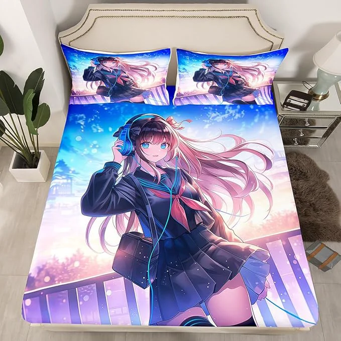 Functional Erosebridal Anime Girl Fitted Sheet Twin Size Japanese Anime Bedding Set for Kids Boys Teens Bedroom Decor Cartoon Girl Bed Sheets Kawaii Japanese Animation Bed Set with 1 Pillow Case Convenient