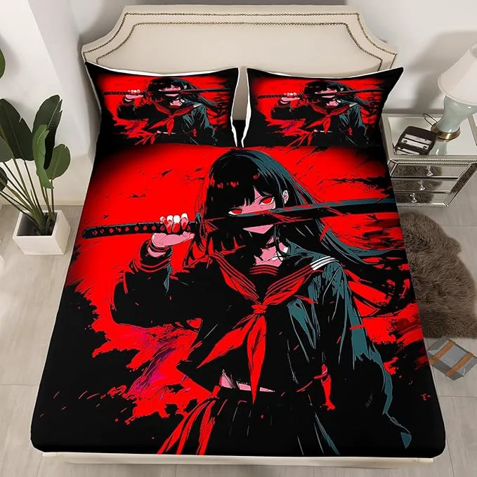 Innovative Erosebridal Japanese Anime Bedding Set for Kids Anime Girl Fitted Sheet Twin Size Japanese Girl Bed Sheets for Girls Teens Adult Kawaii Animation Red Black Sheets Machine Washable Reliable